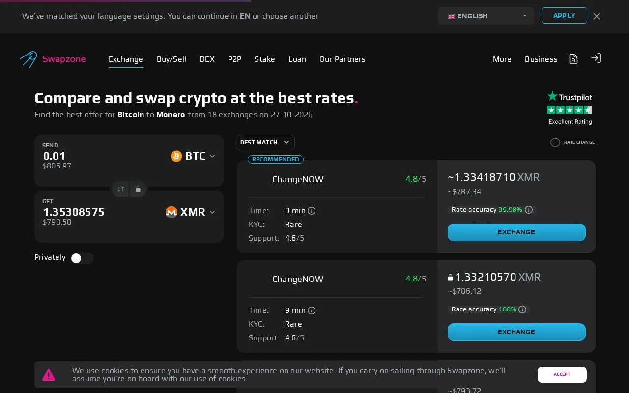 Screenshot of the Swapzone homepage
