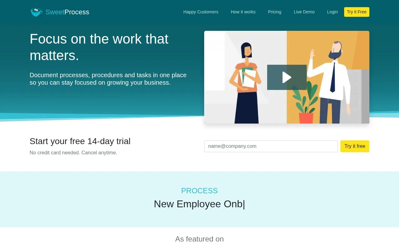 Screenshot of the SweetProcess homepage