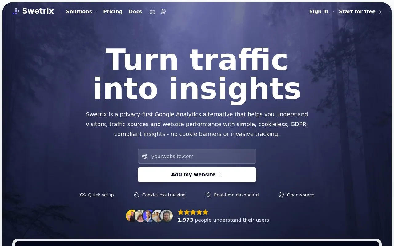 Screenshot of the Swetrix Cloud homepage