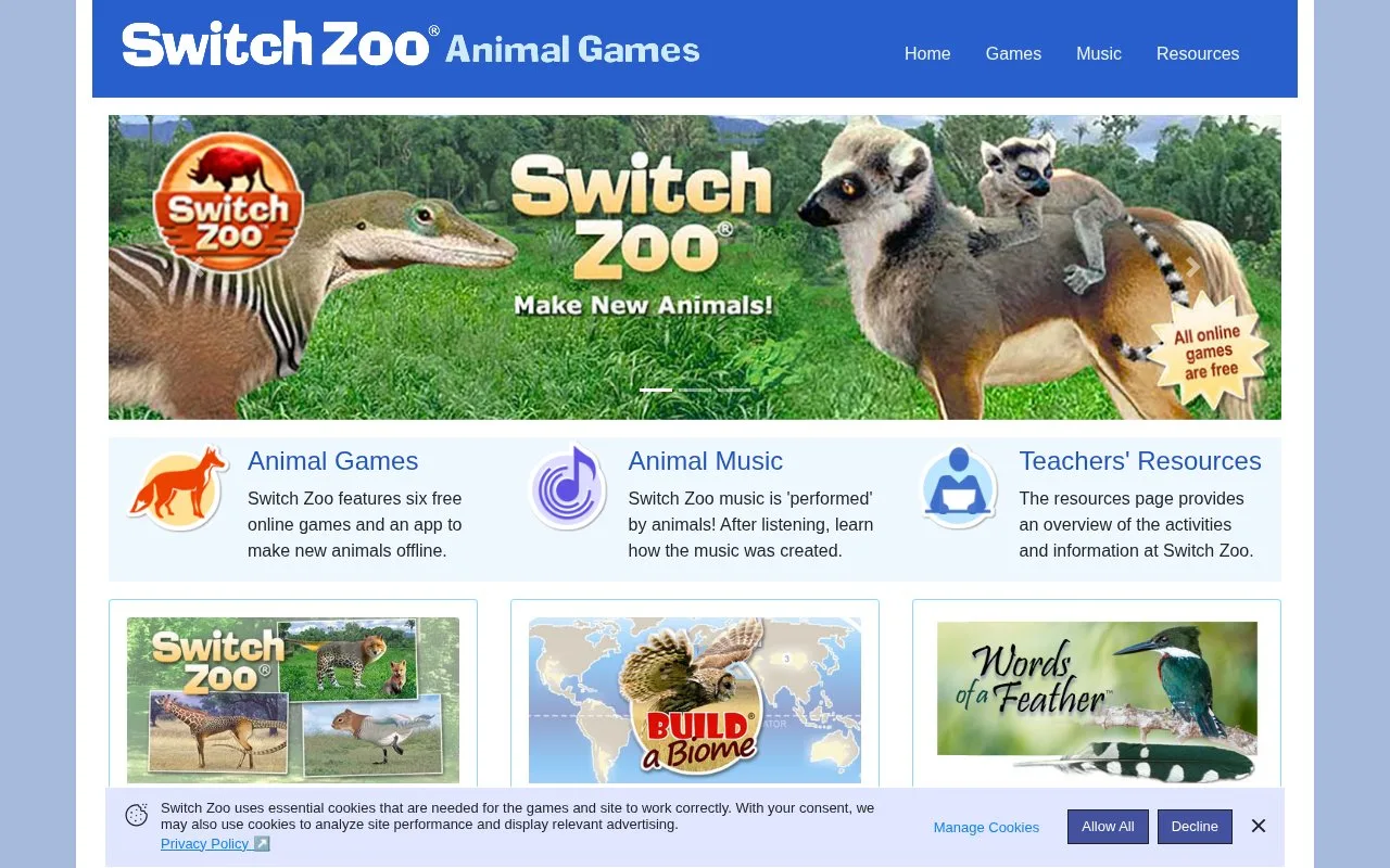 Screenshot of the Switch Zoo homepage