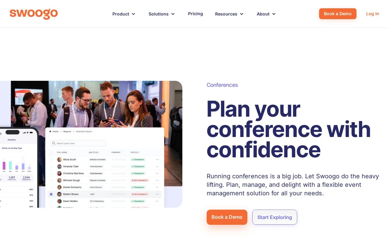 Screenshot of the Swoogo homepage