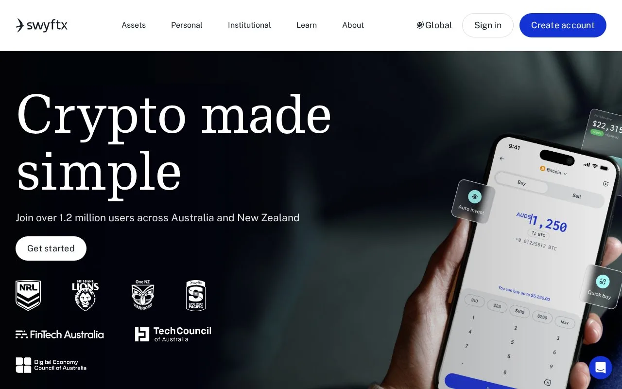 Screenshot of the Swyftx homepage