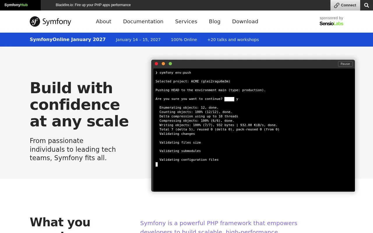 Screenshot of the Symfony Framework homepage