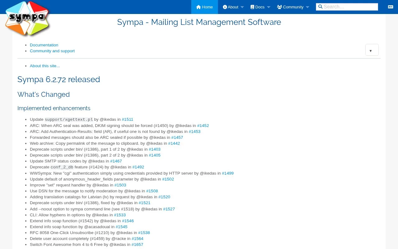 Screenshot of the Sympa Mailing List Manager homepage