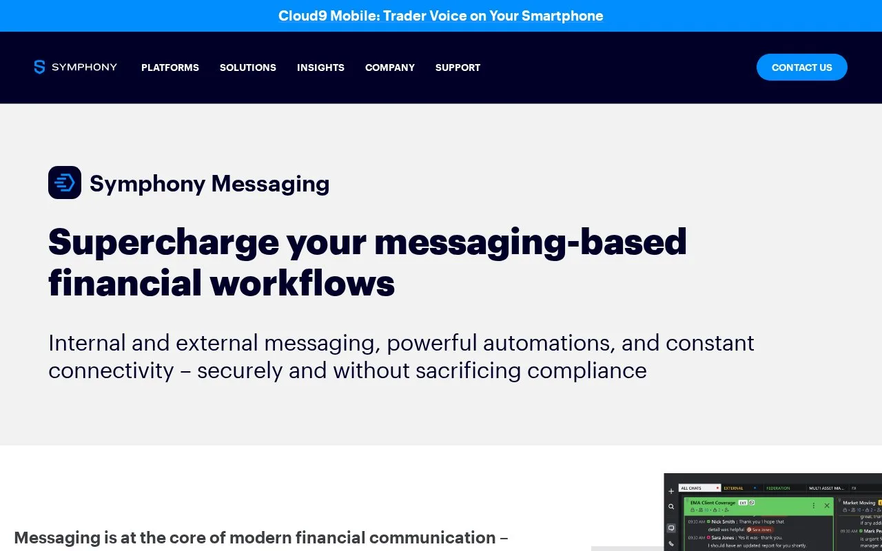 Screenshot of the Symphony Messaging homepage