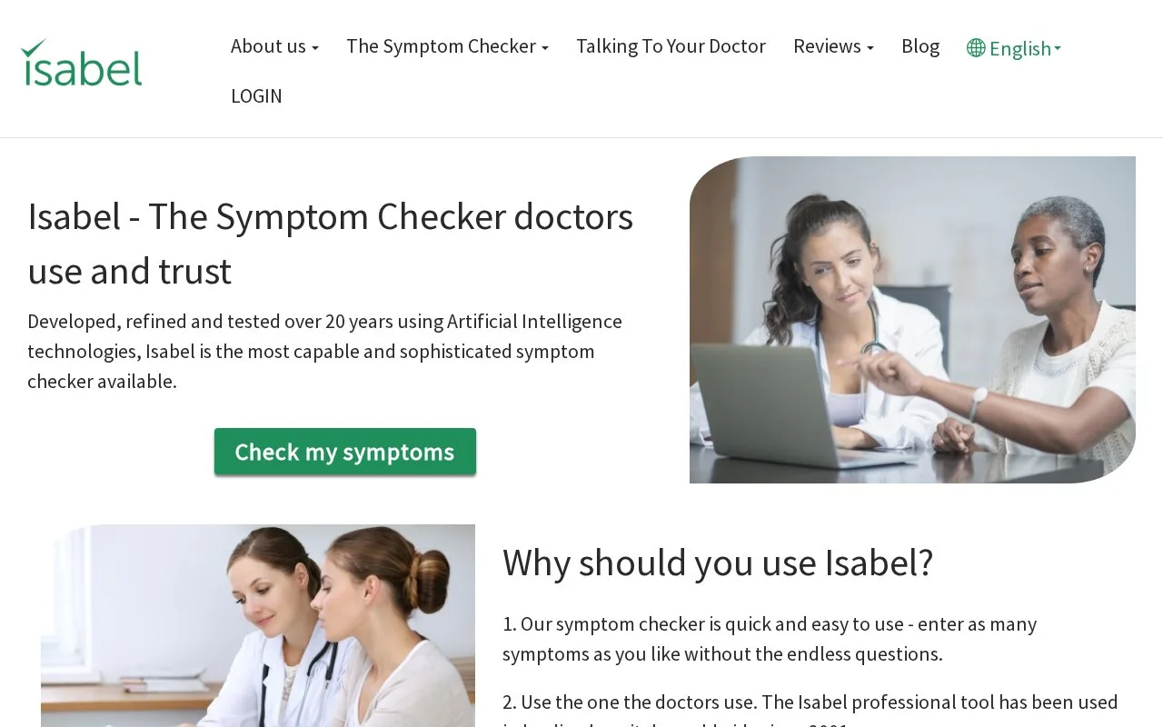 Screenshot of the Isabel Symptom Checker homepage