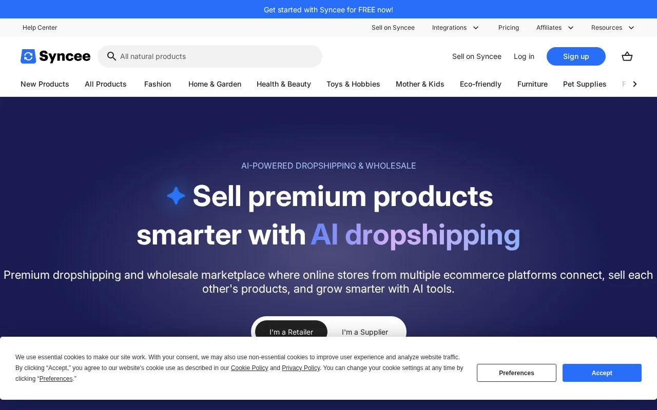 Screenshot of the Syncee homepage
