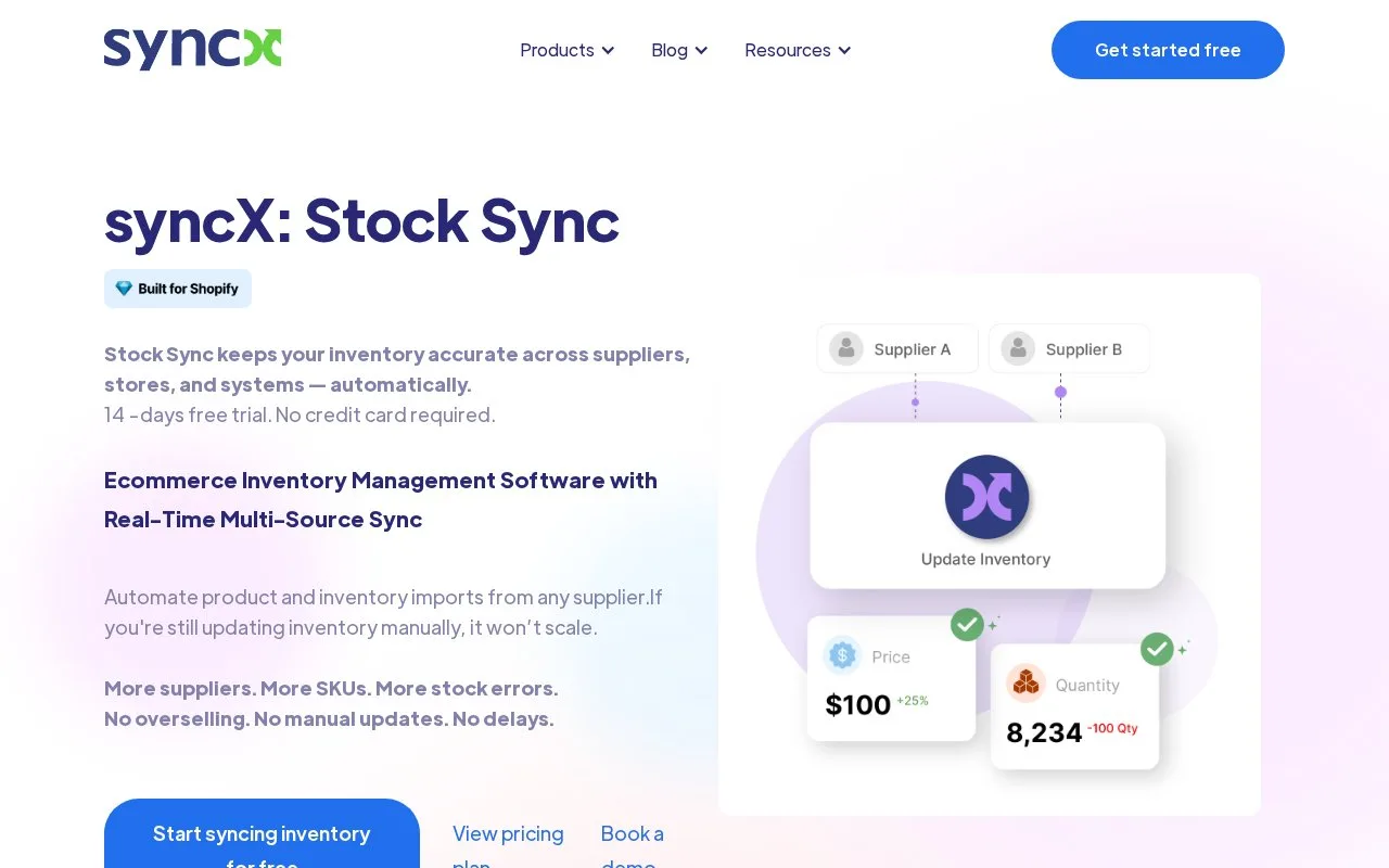 Screenshot of the syncX: Stock Sync homepage