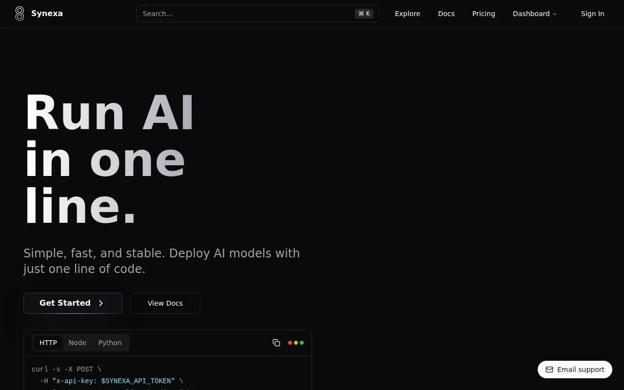 Screenshot of the Synexa AI homepage