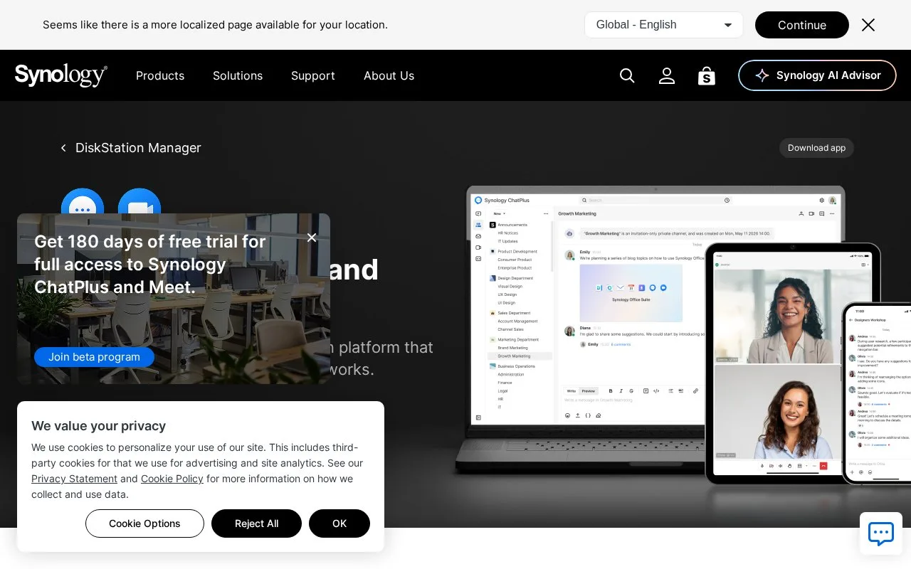 Screenshot of the Synology ChatPlus and Meet homepage