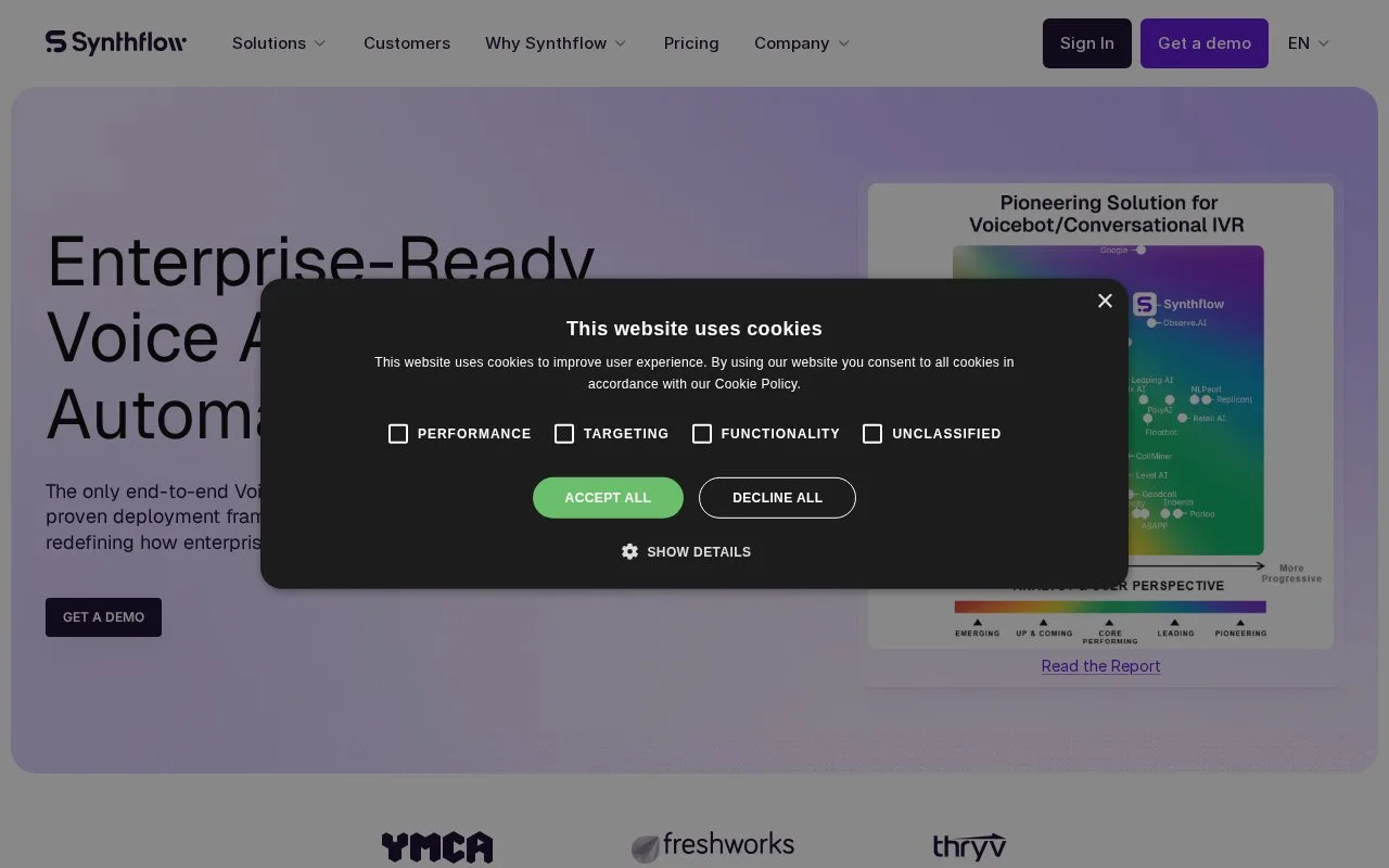 Screenshot of the Synthflow homepage
