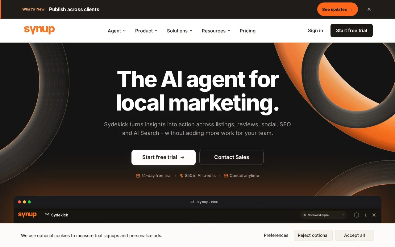 Screenshot of the Synup homepage