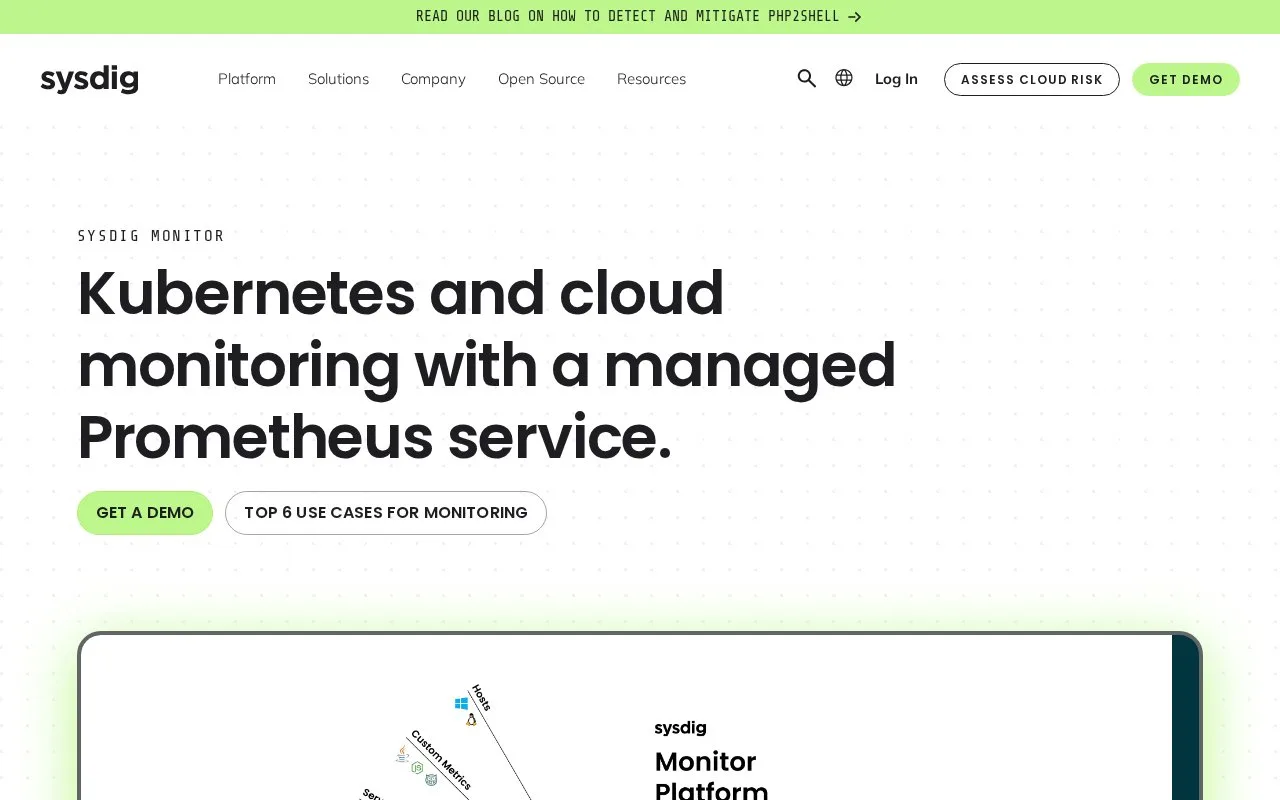 Screenshot of the Sysdig Monitor homepage