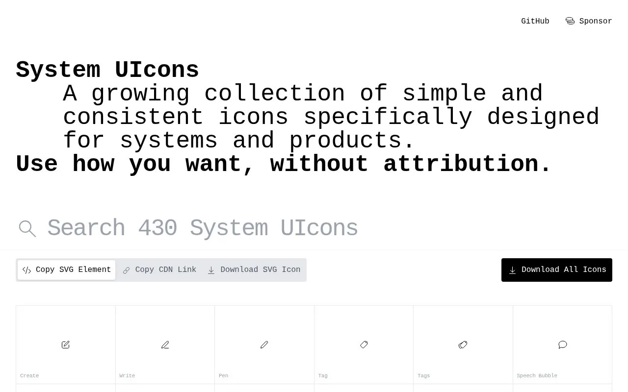 Screenshot of the System UIcons homepage