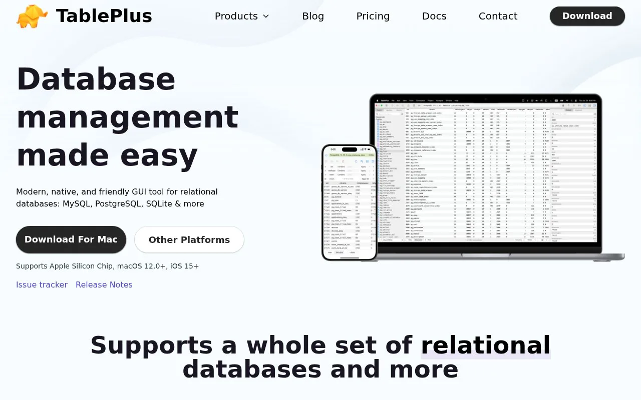 Screenshot of the TablePlus homepage