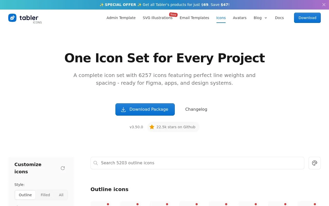 Screenshot of the Tabler Icons homepage