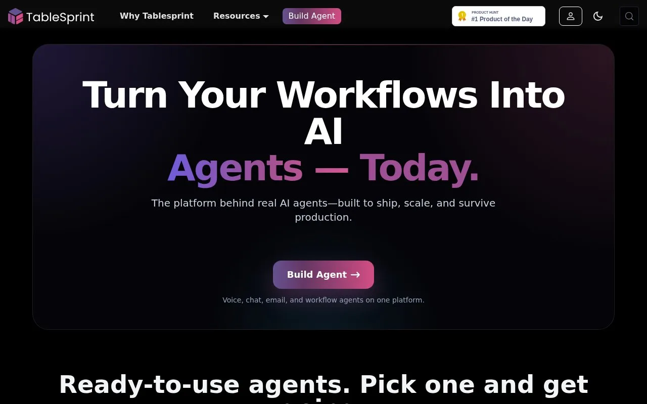 Screenshot of the TableSprint homepage