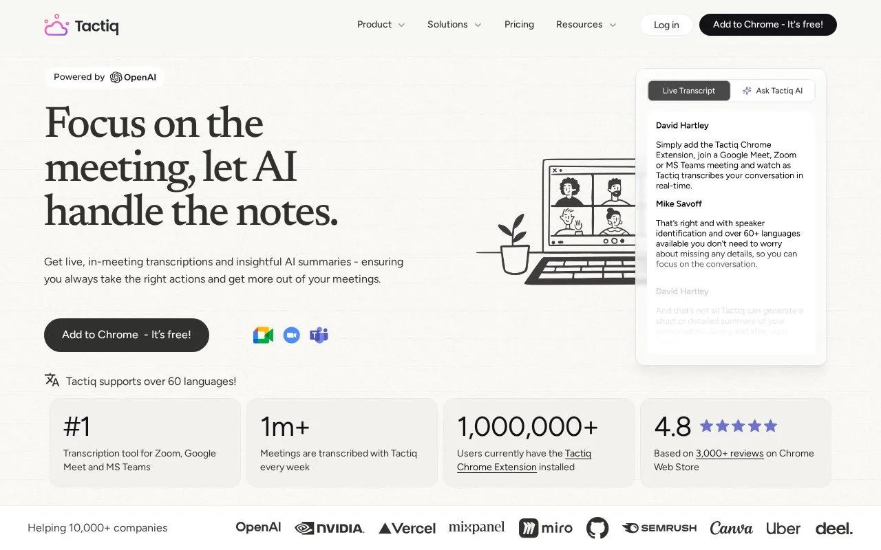 Screenshot of the Tactiq homepage