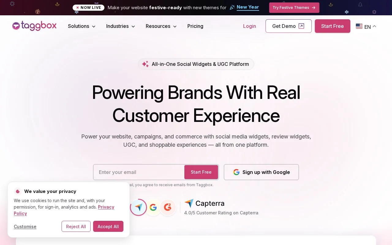 Screenshot of the Taggbox homepage