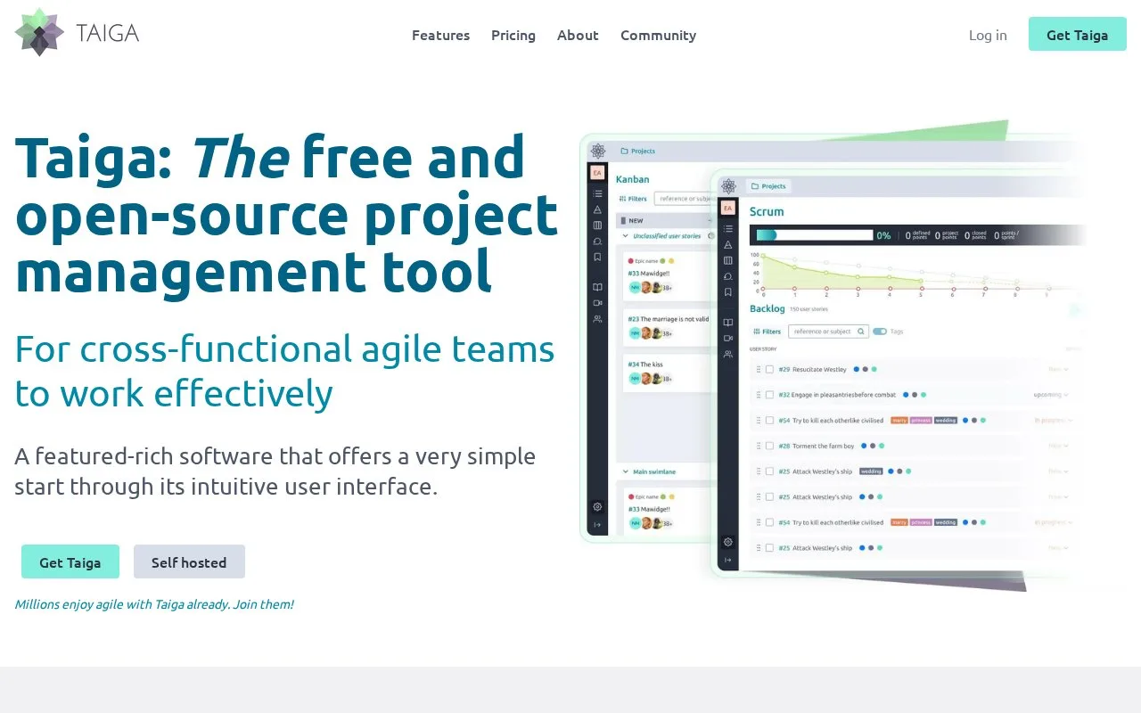 Screenshot of the Taiga homepage