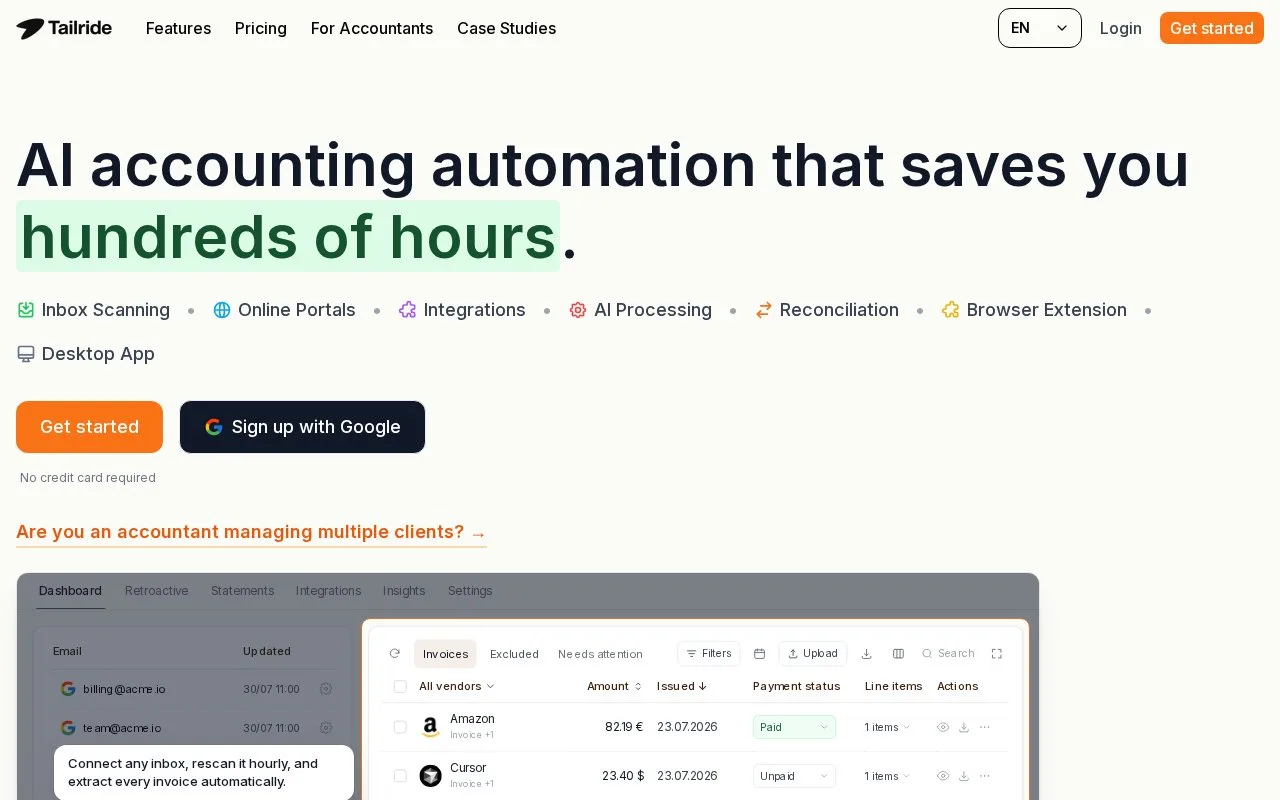 Screenshot of the Tailride homepage