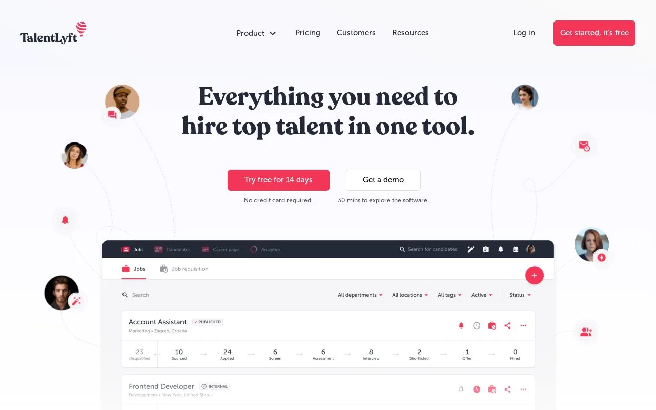 Screenshot of the TalentLyft homepage
