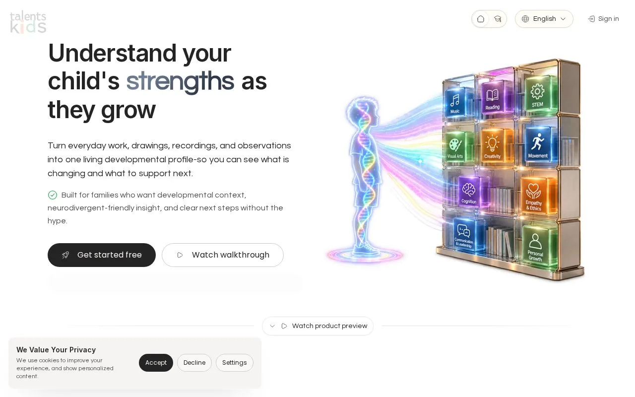 Screenshot of the Talents.Kids homepage