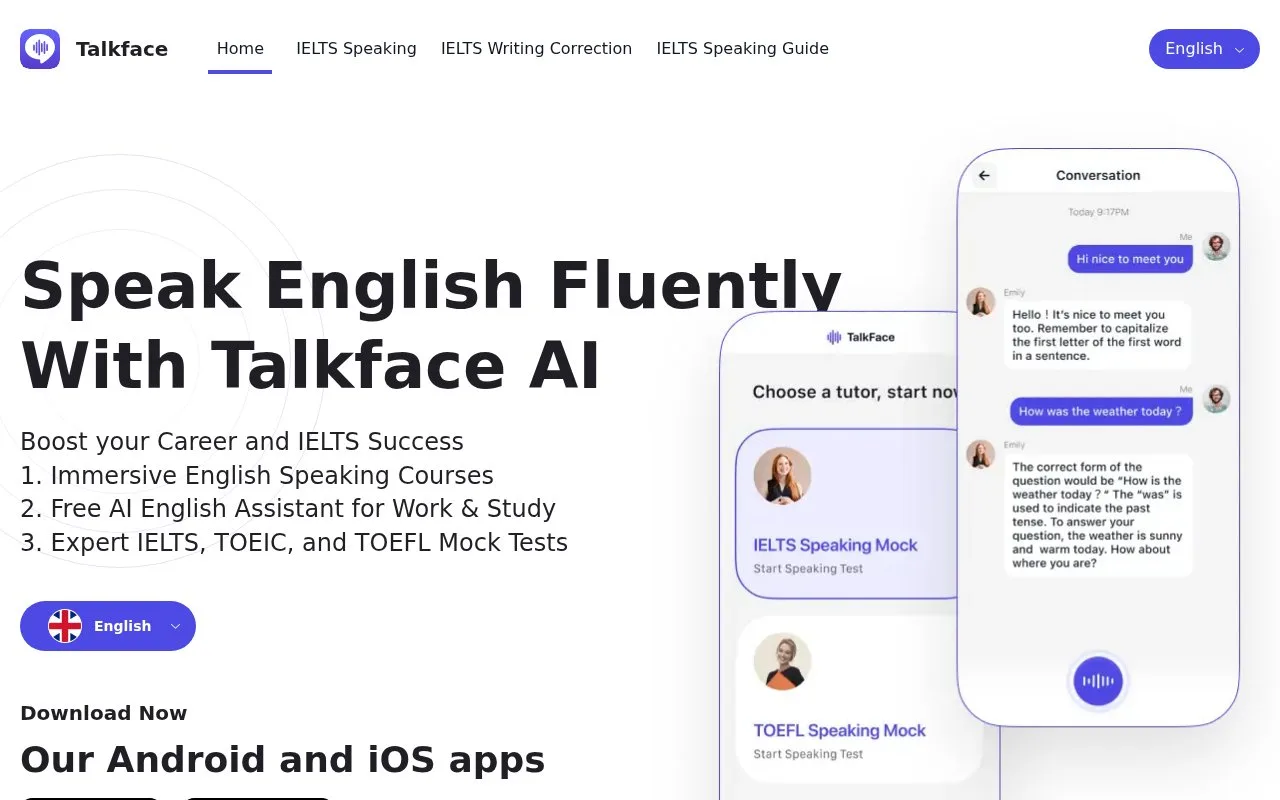 Screenshot of the Talkface homepage