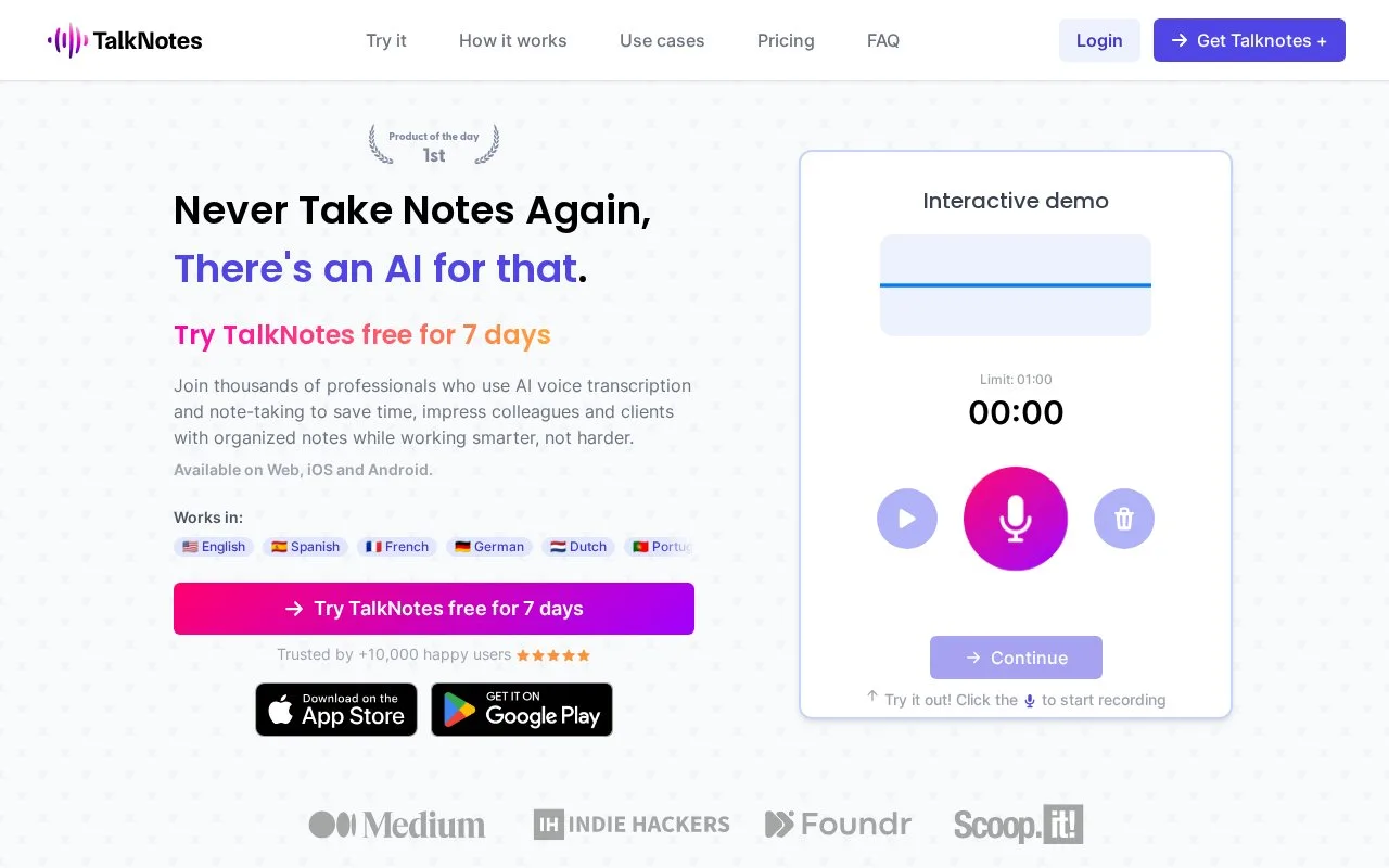Screenshot of the Talknotes homepage