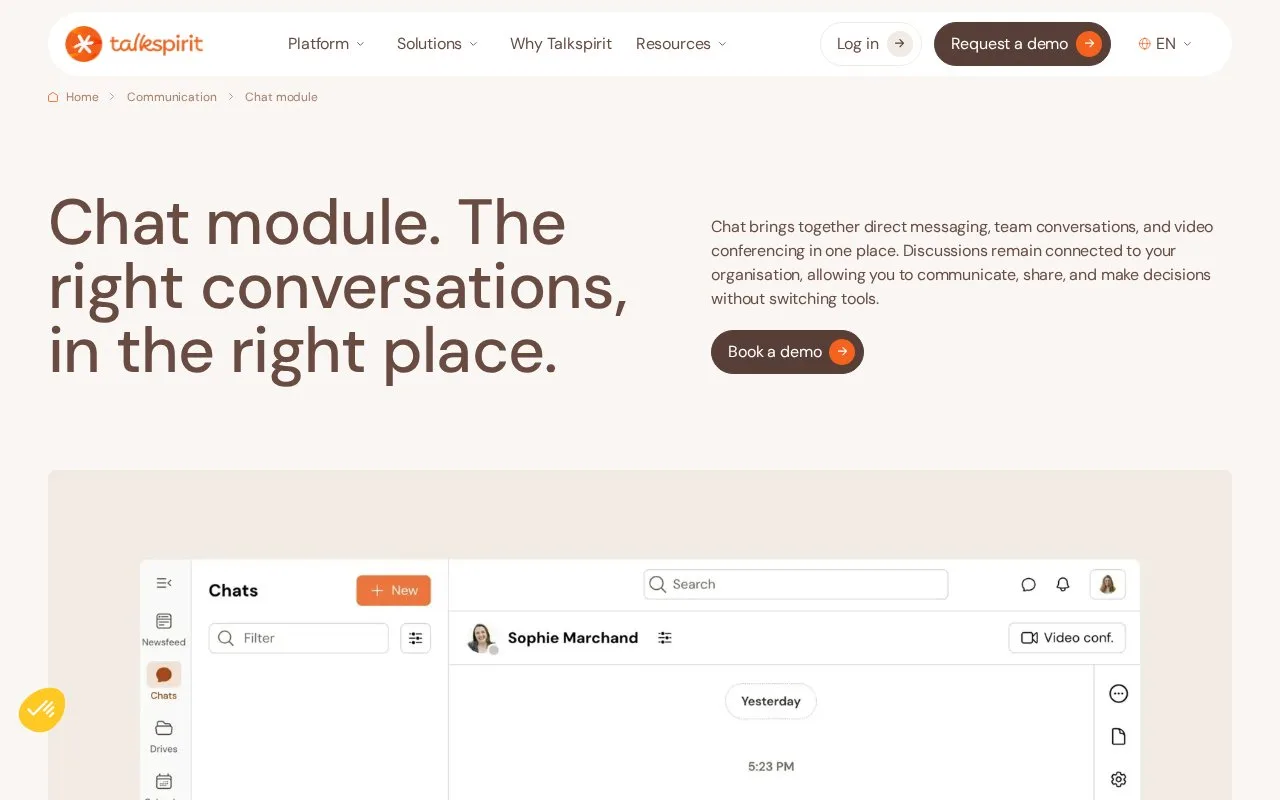 Screenshot of the Talkspirit Chat homepage