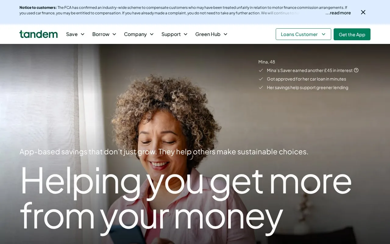 Screenshot of the Tandem Bank homepage