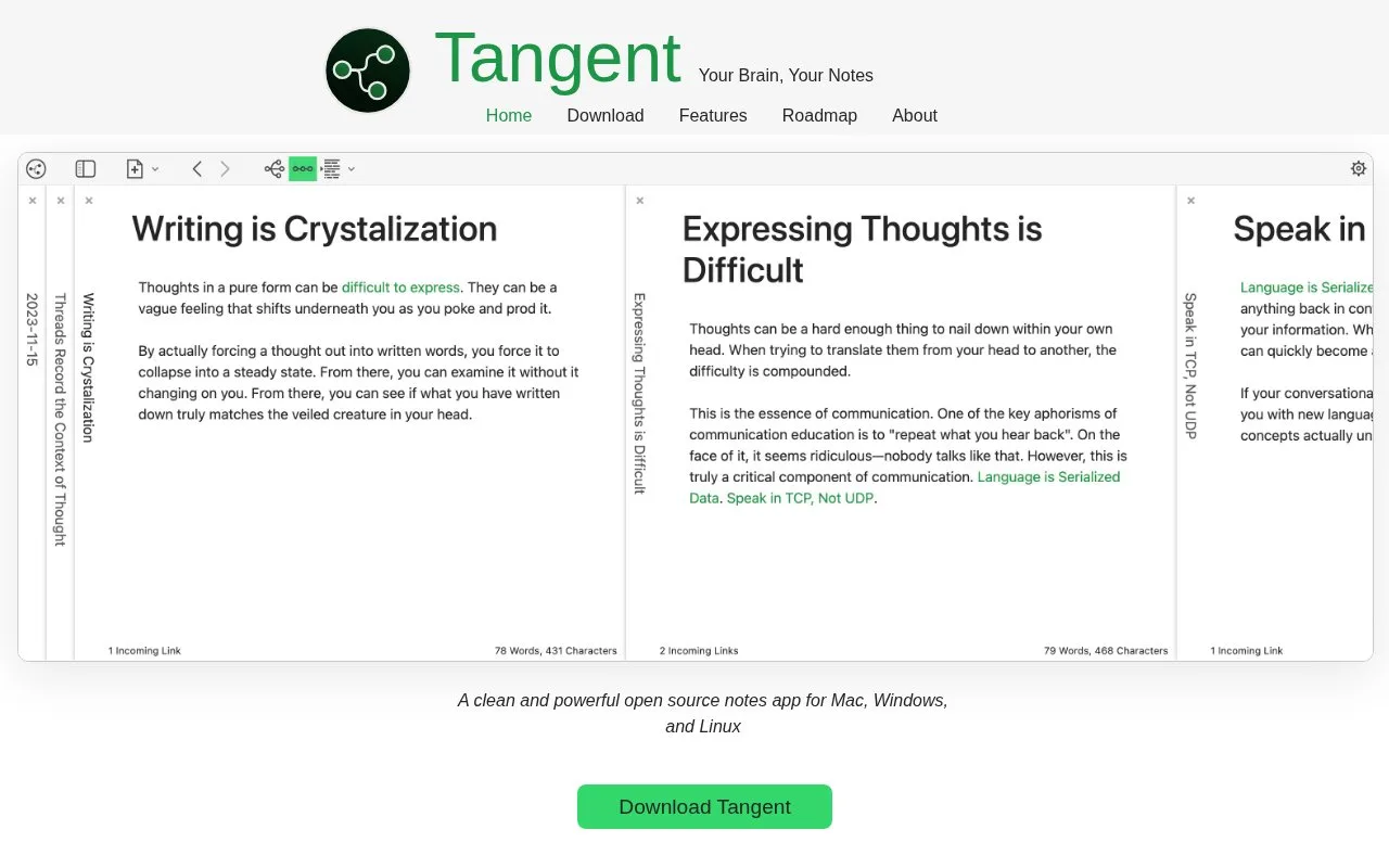 Screenshot of the Tangent homepage