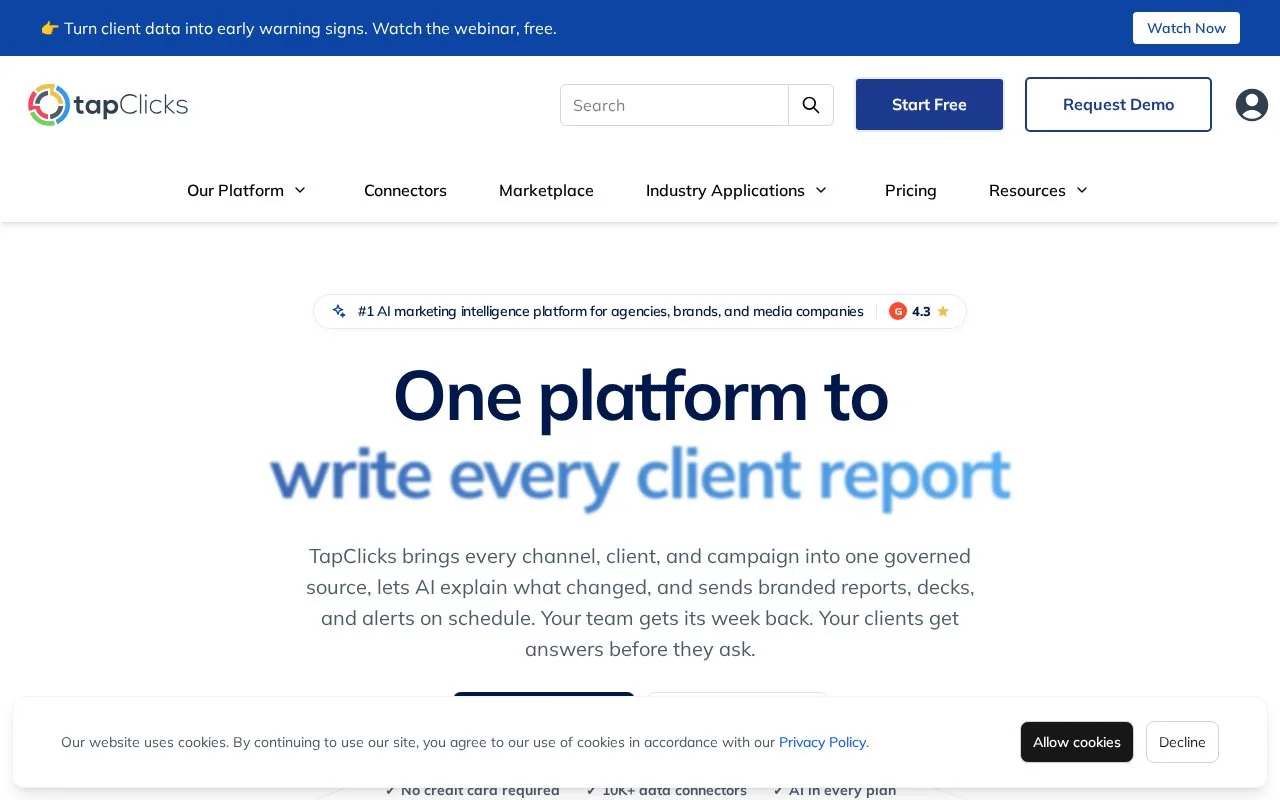 Screenshot of the TapClicks homepage