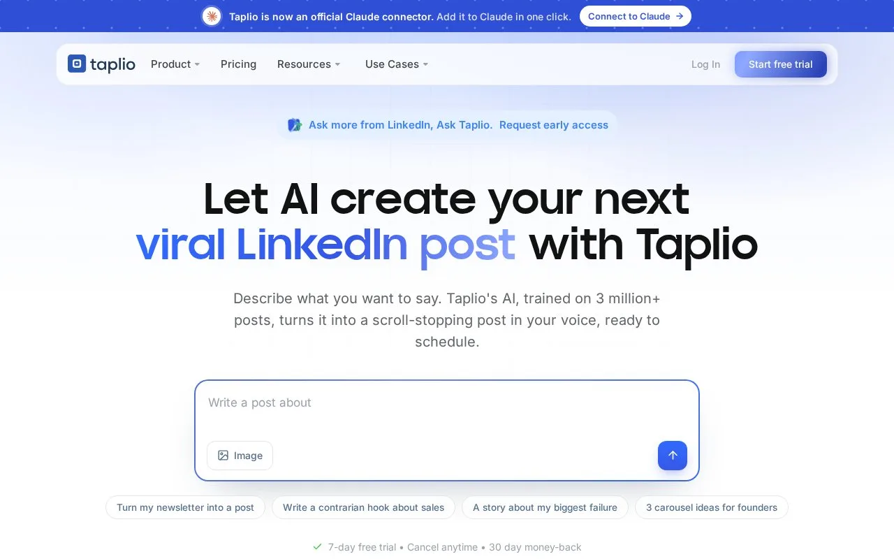 Screenshot of the Taplio homepage