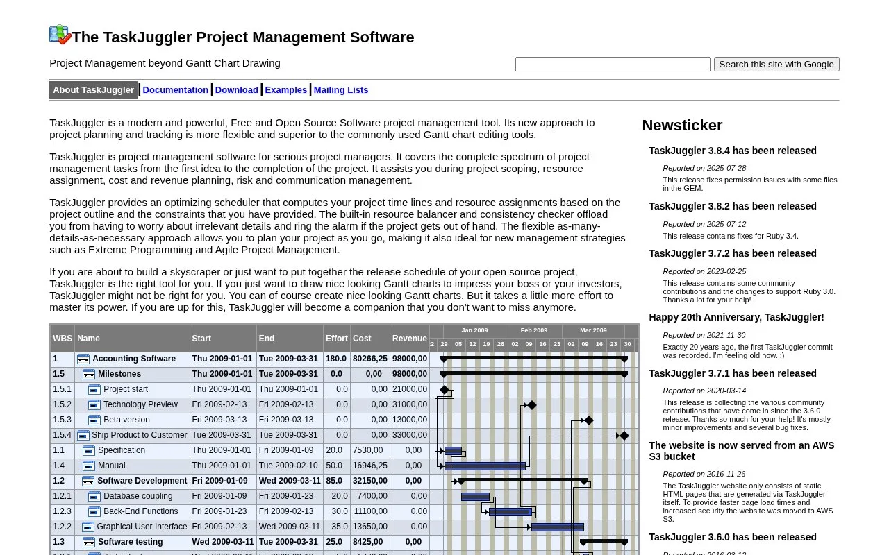 Screenshot of the TaskJuggler homepage