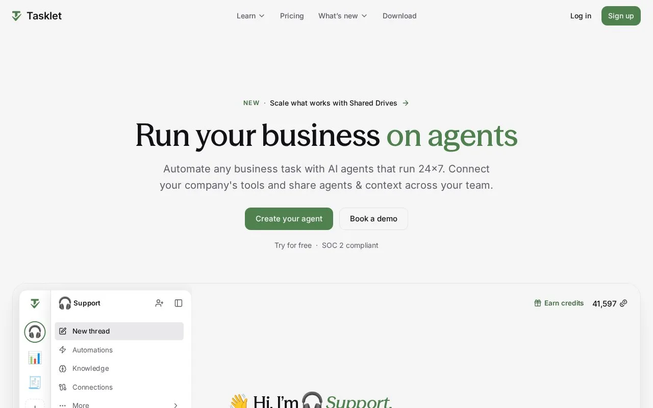 Screenshot of the Tasklet homepage