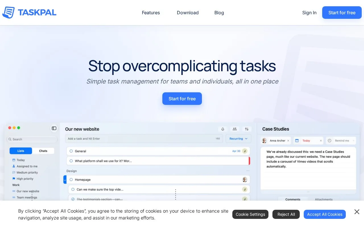 Screenshot of the TaskPal homepage