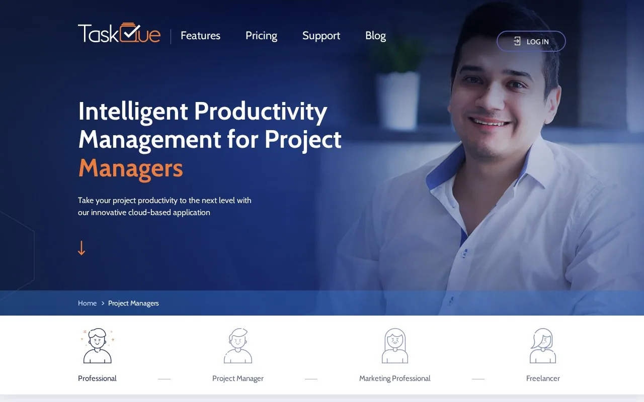 Screenshot of the TaskQue homepage