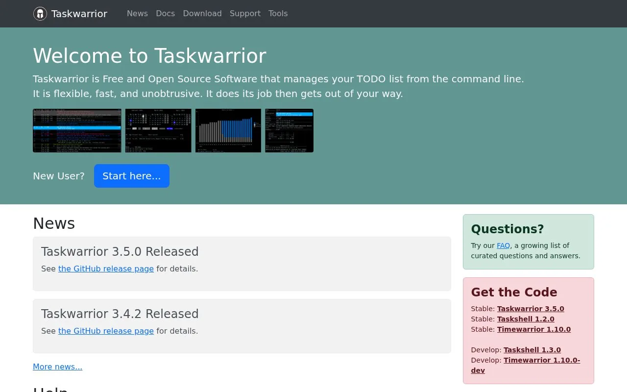 Screenshot of the Taskwarrior homepage