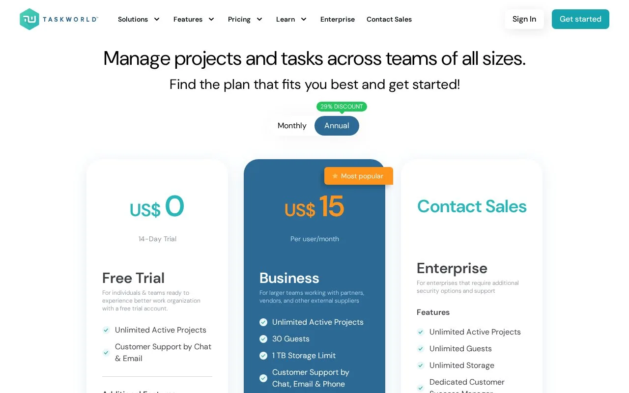 Screenshot of the Taskworld homepage