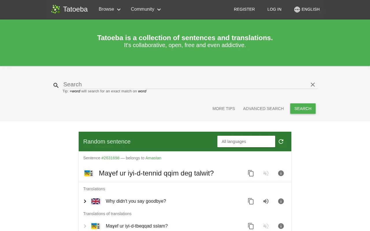 Screenshot of the Tatoeba homepage
