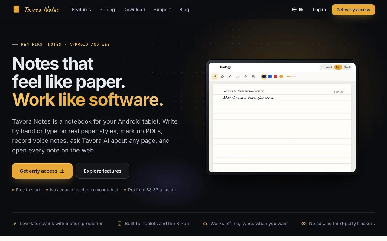Screenshot of the Tavora Notes homepage
