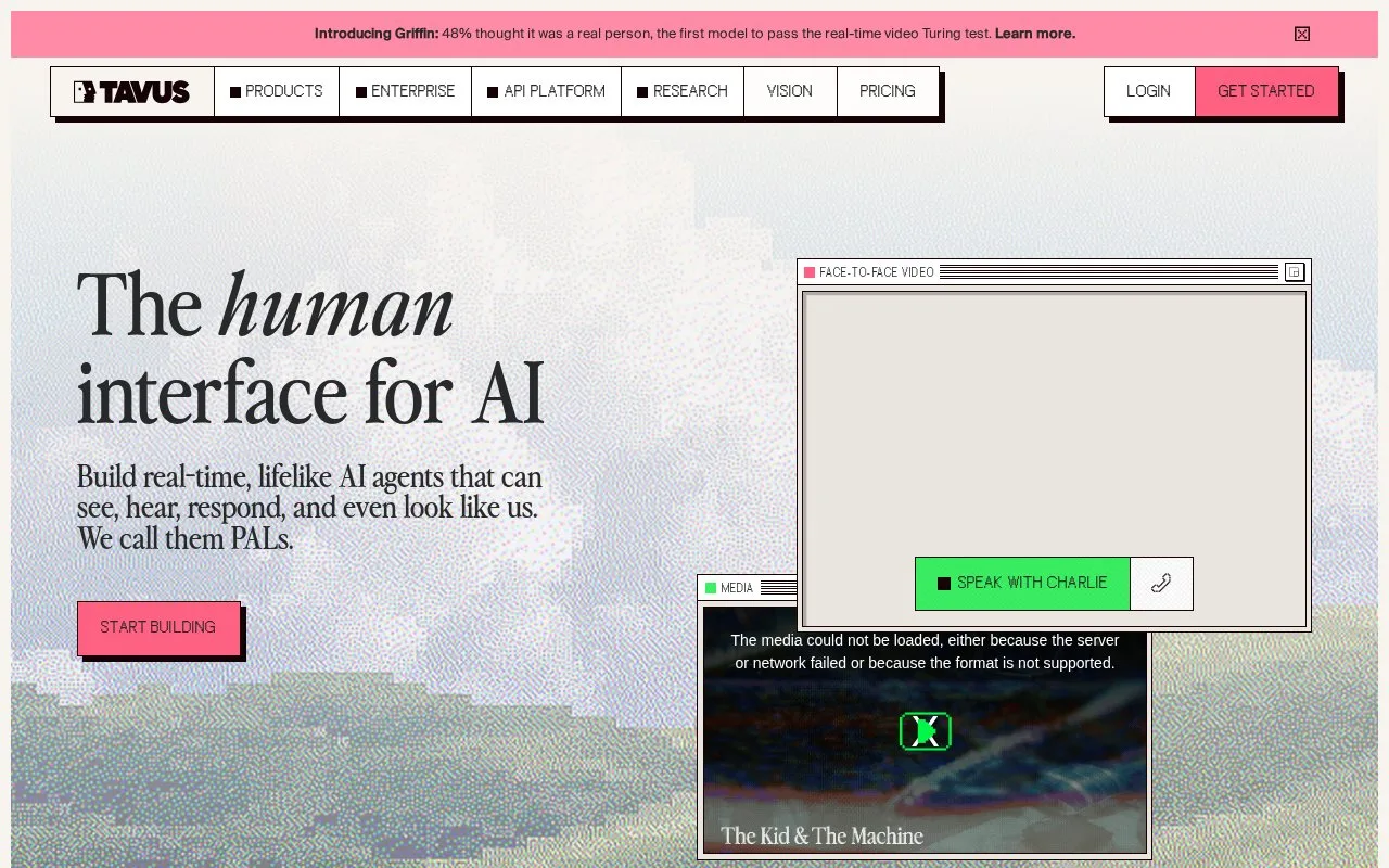 Screenshot of the Tavus homepage