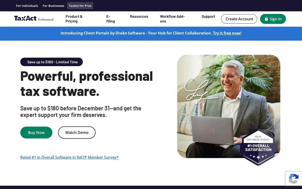 Screenshot of the TaxAct Professional homepage