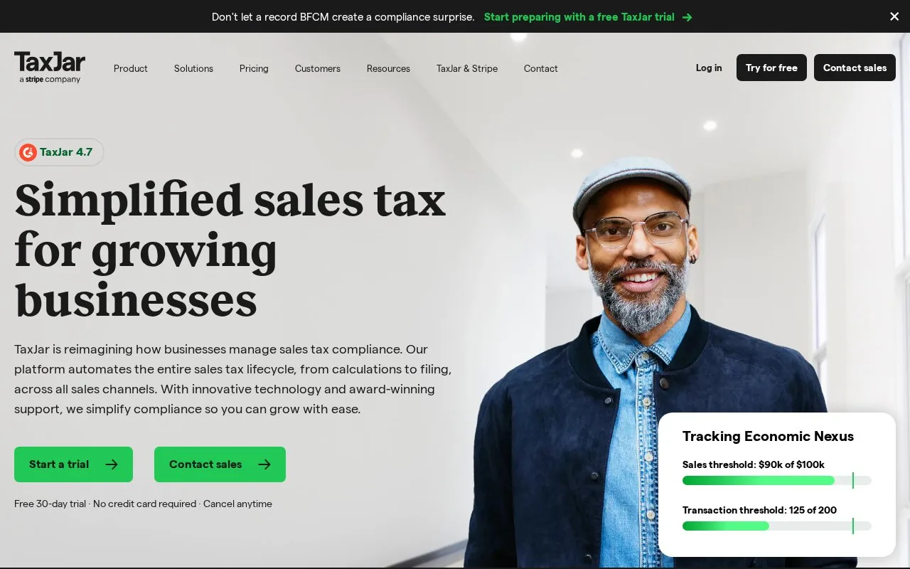 Screenshot of the TaxJar homepage