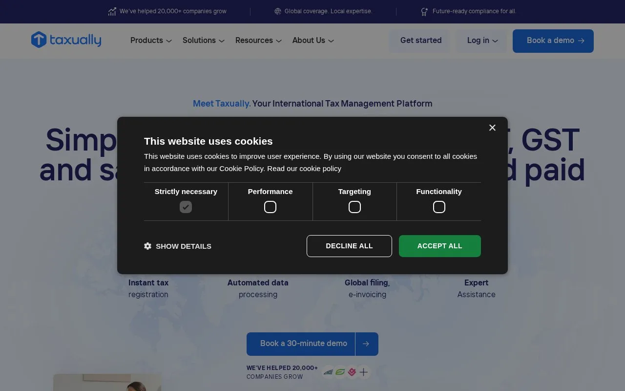 Screenshot of the Taxually homepage
