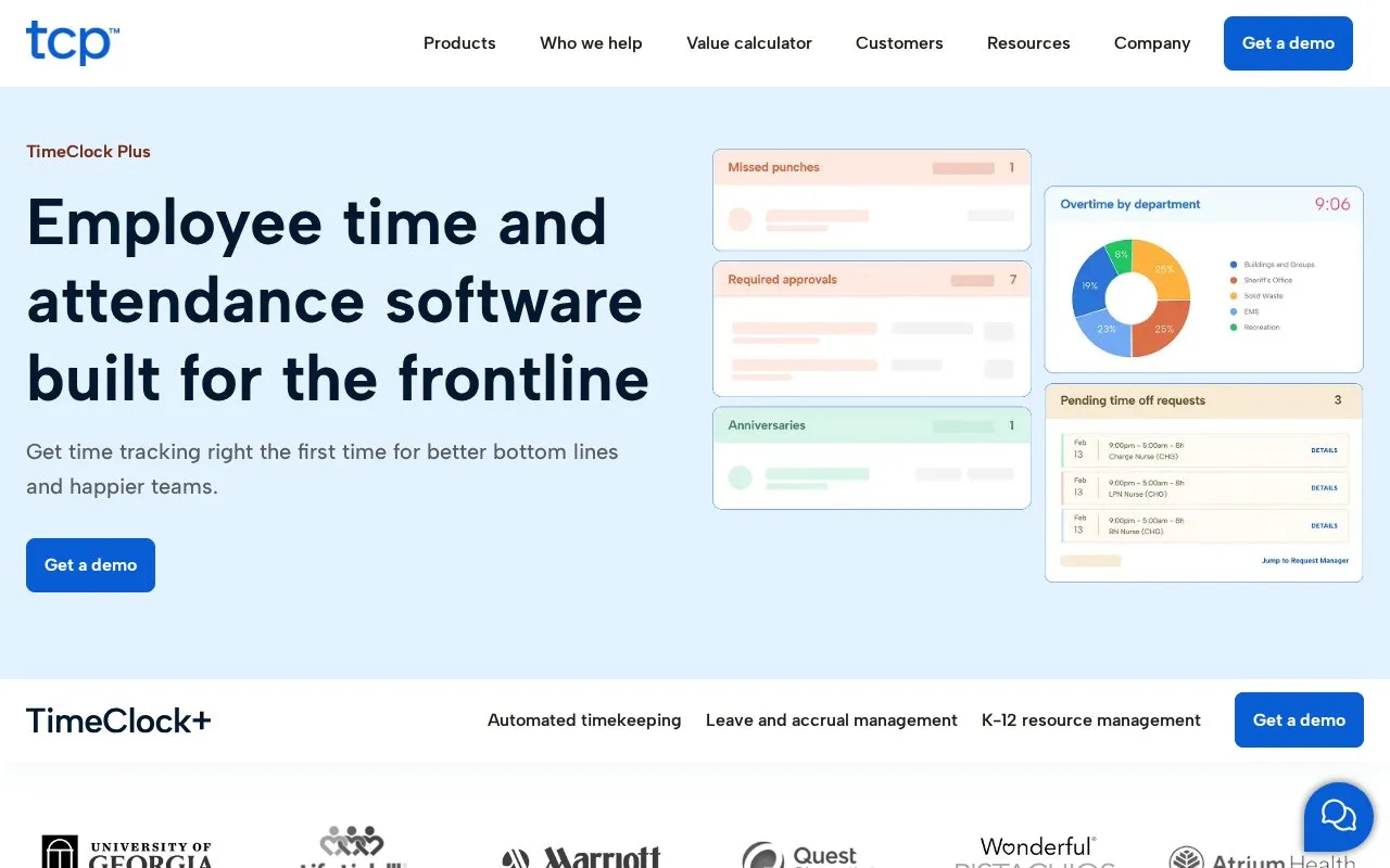 Screenshot of the TimeClock Plus homepage