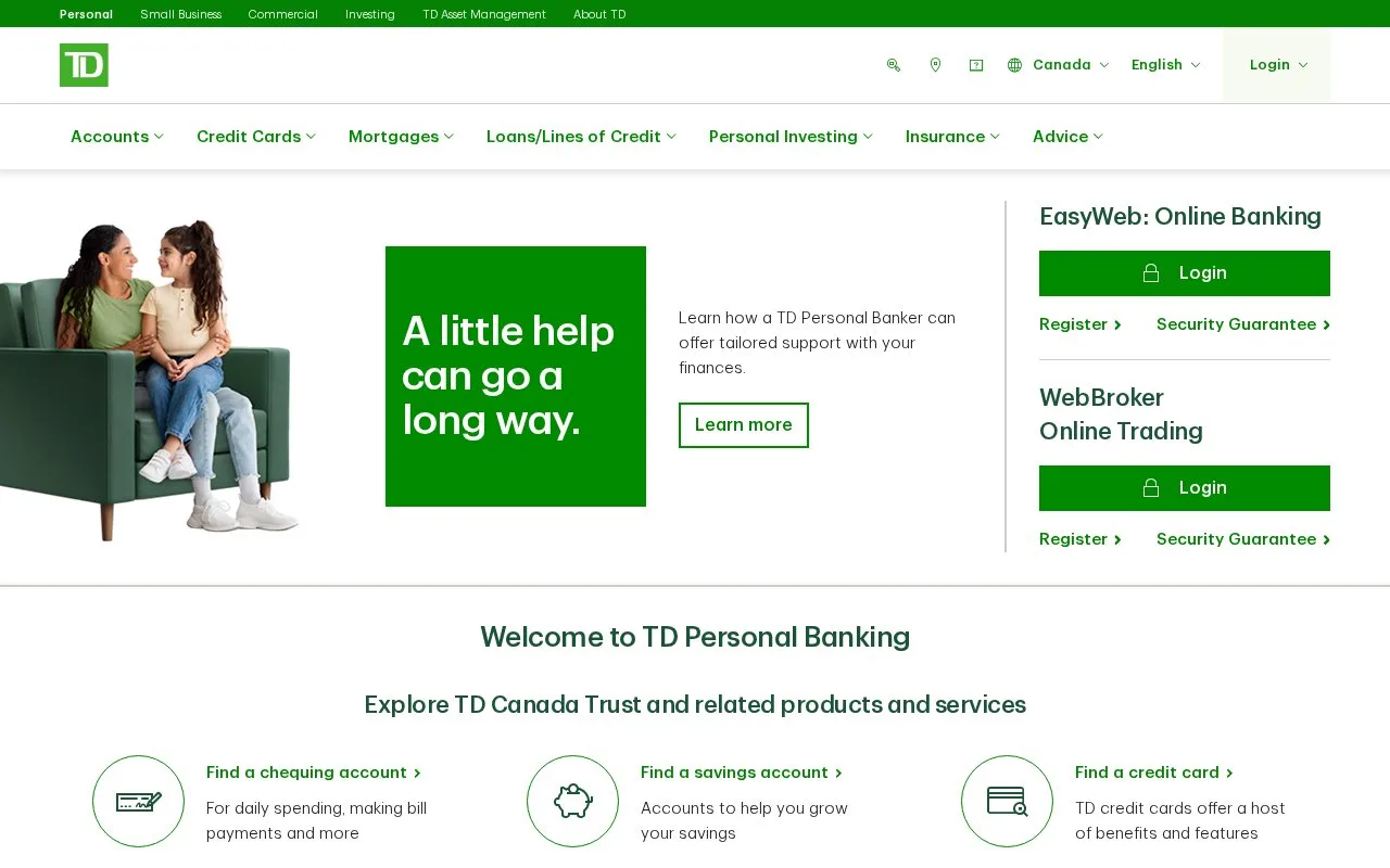 Screenshot of the TD homepage