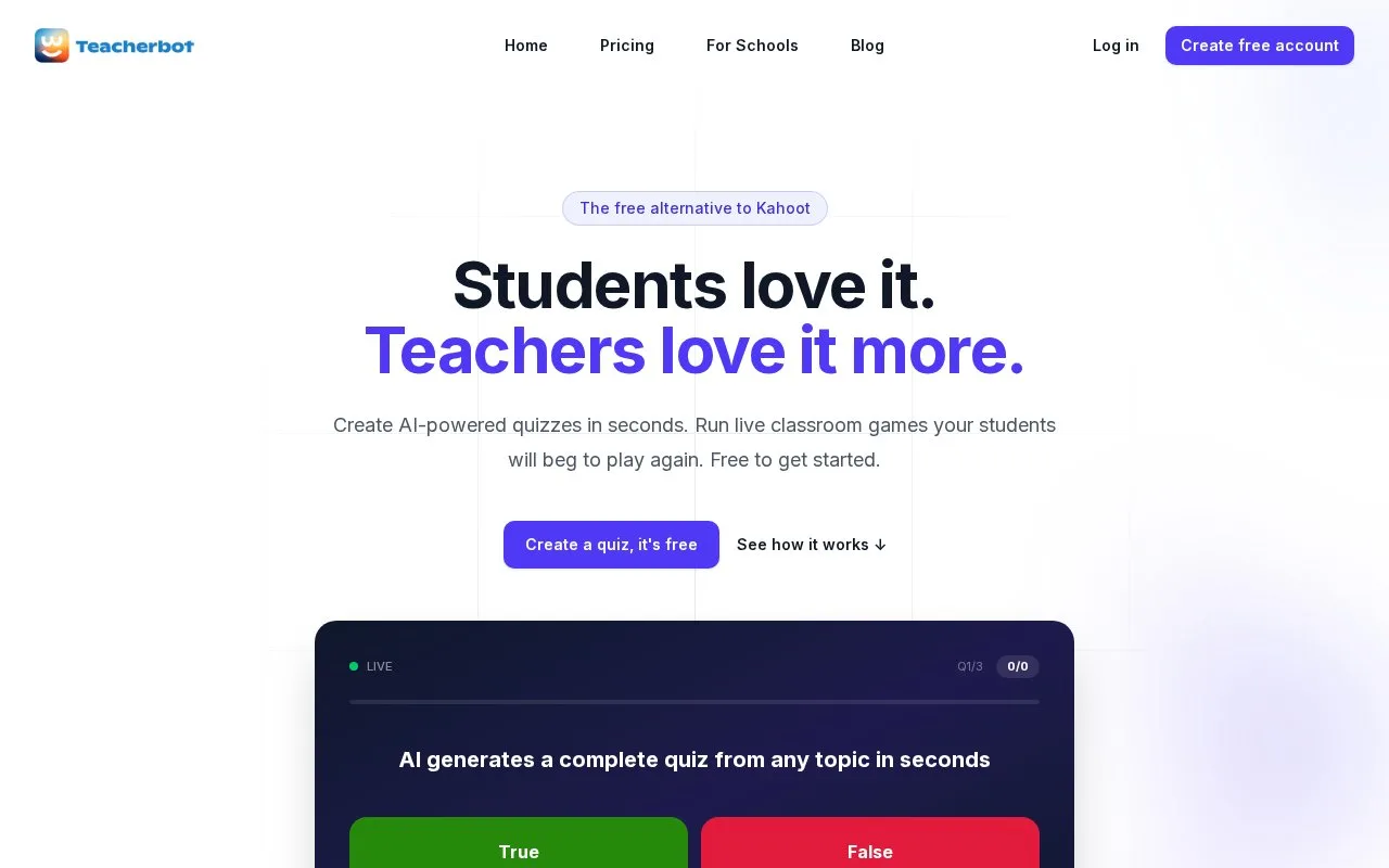 Screenshot of the Teacherbot homepage