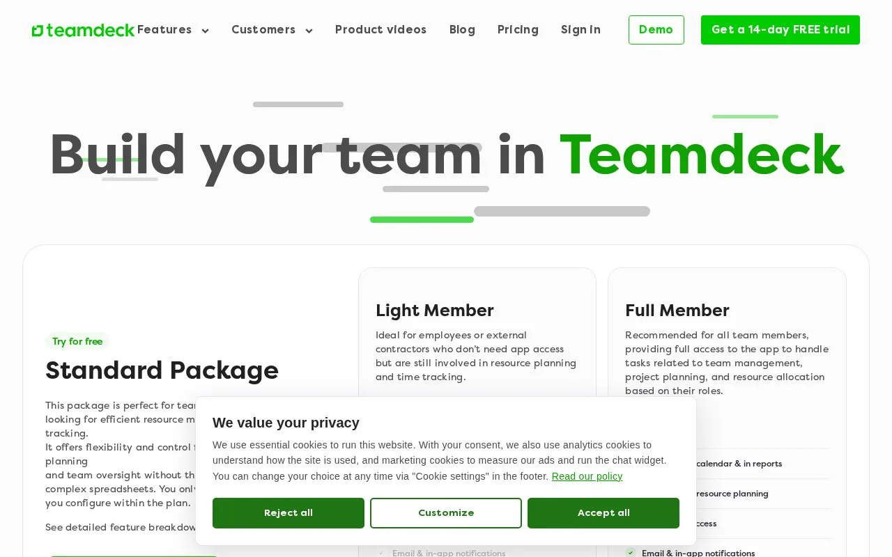 Screenshot of the Teamdeck homepage